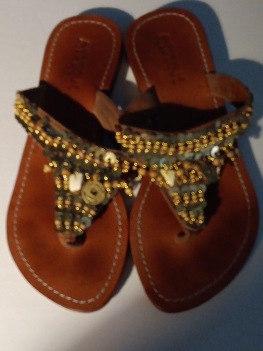 Mystic Brown Beaded Thong Sandals with Gold Accents WORN 08/03